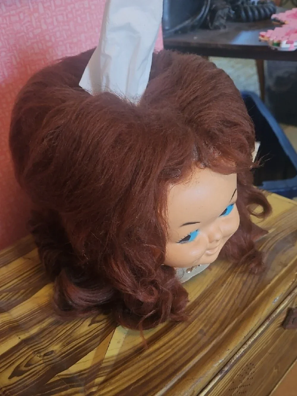 Vintage 1960s Doll Face Wig Tissue Box Holder